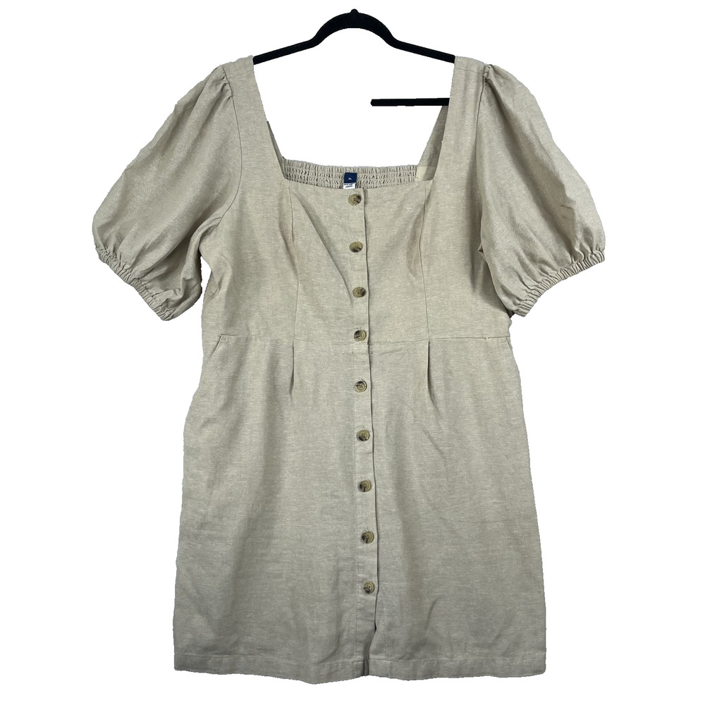 Old Navy Linen Blend Beige Puff Sleeve Mini Dress Women's Size XL Button Front